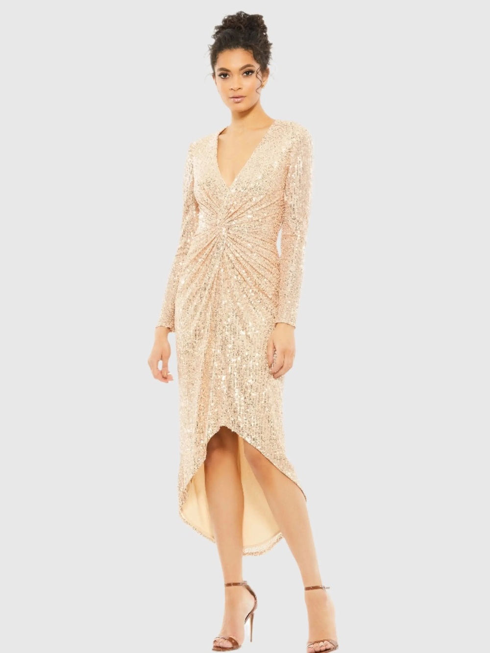 MAC DUGGAL NWT Sequined High Low Front Twist Midi Dress Rose Gold Sz 10